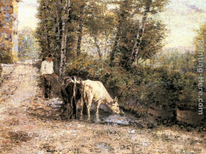 Cows Watering at a Quiet Pool painting - Eugenio Zampighi Cows Watering at a Quiet Pool art painting